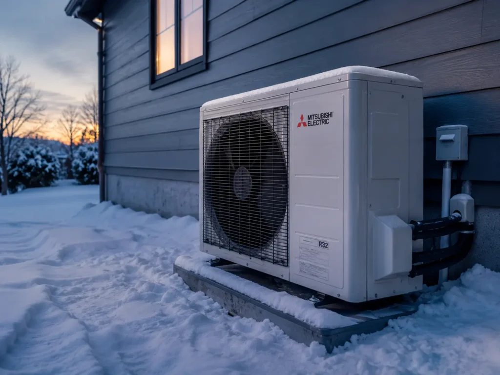 This is an image of a Mitsubishi heat pump performing in winter
