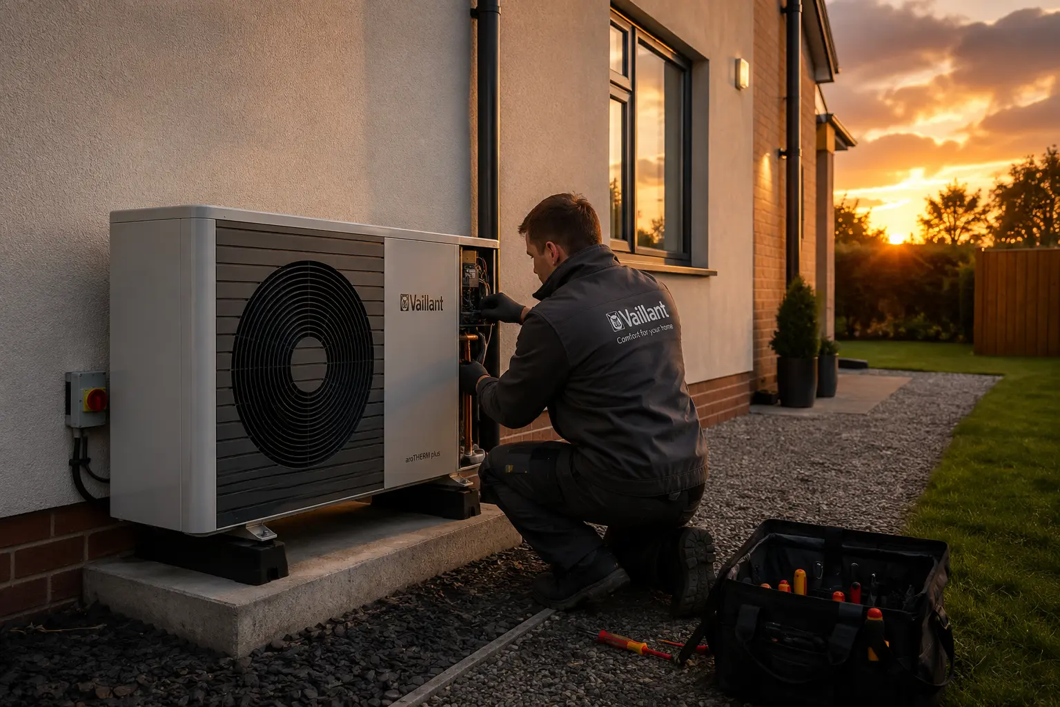 Installer working on an air source heat pump