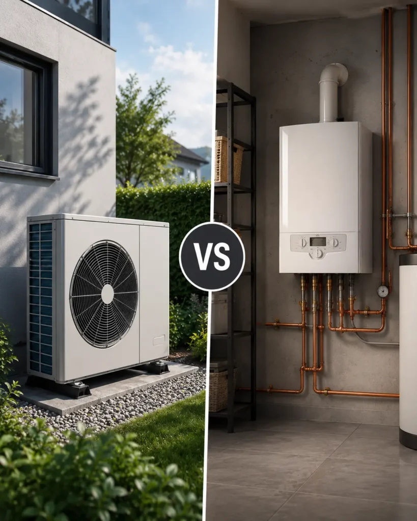 This image is a collage of air source heat pump vs Electric Boiler