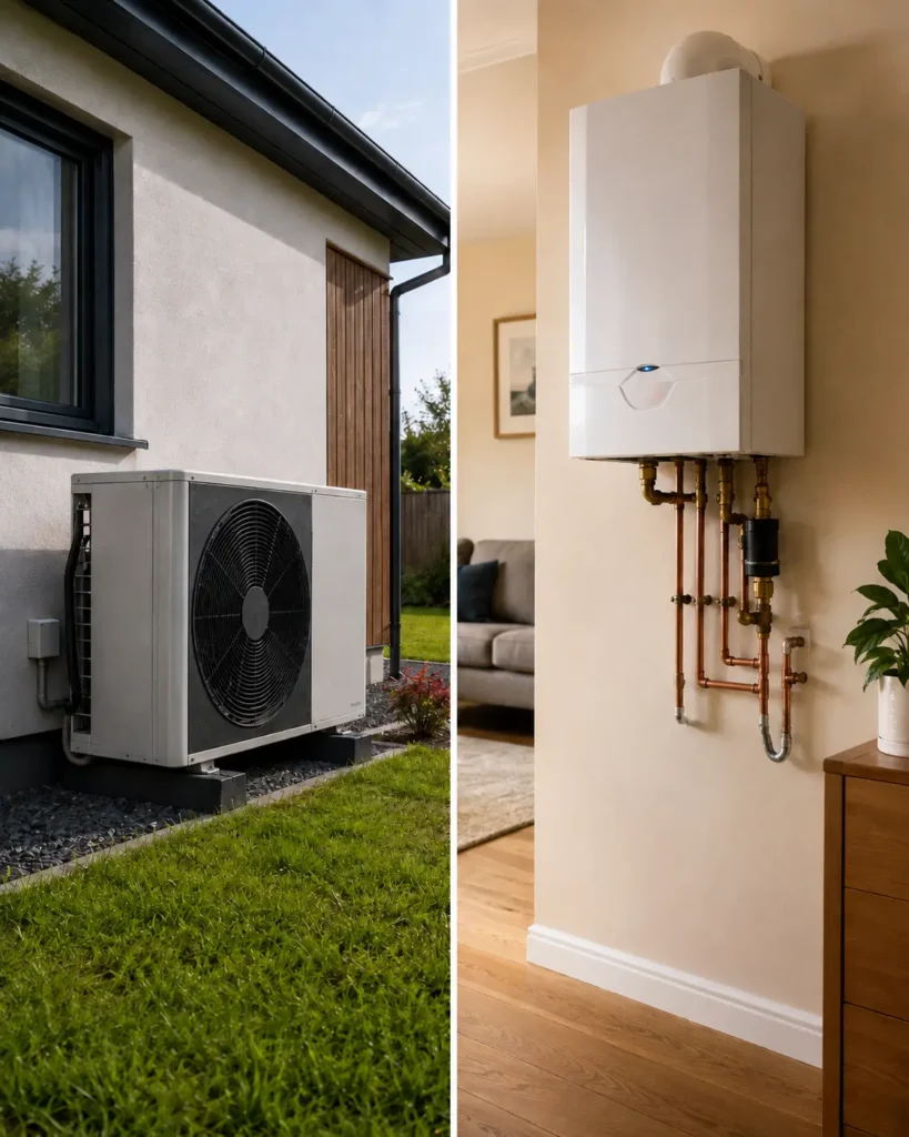 This image contain the image of a Gas boiler and Air source heat pump
