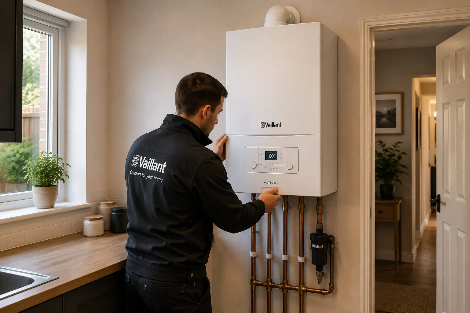 Engineer installing a modern boiler