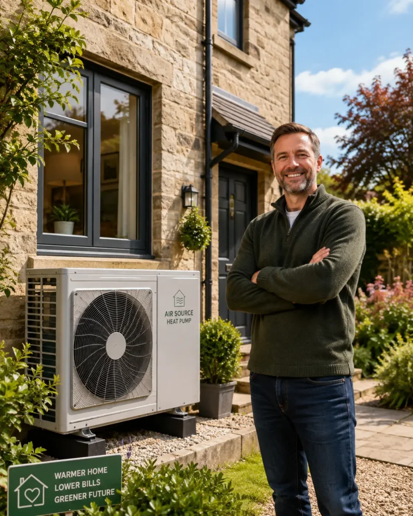 This image is of happy homeowner with Air source heat pump
