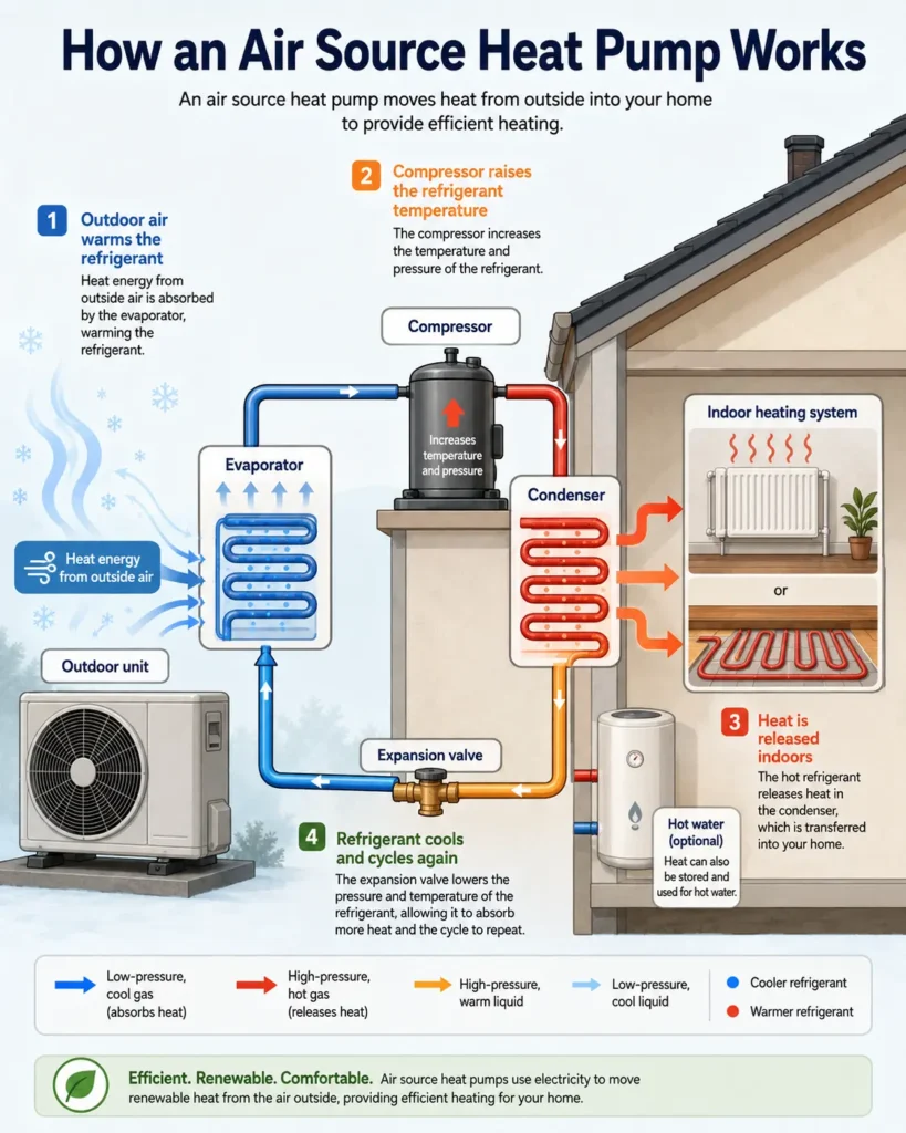 This image explains how does an Air source heat pump works