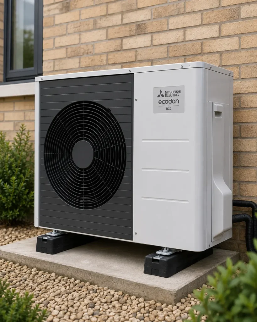This image is of Mitsubishi Ecodan Heat pump outside customers' house