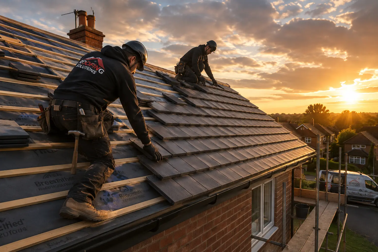 Roofers working on a tiled roof
