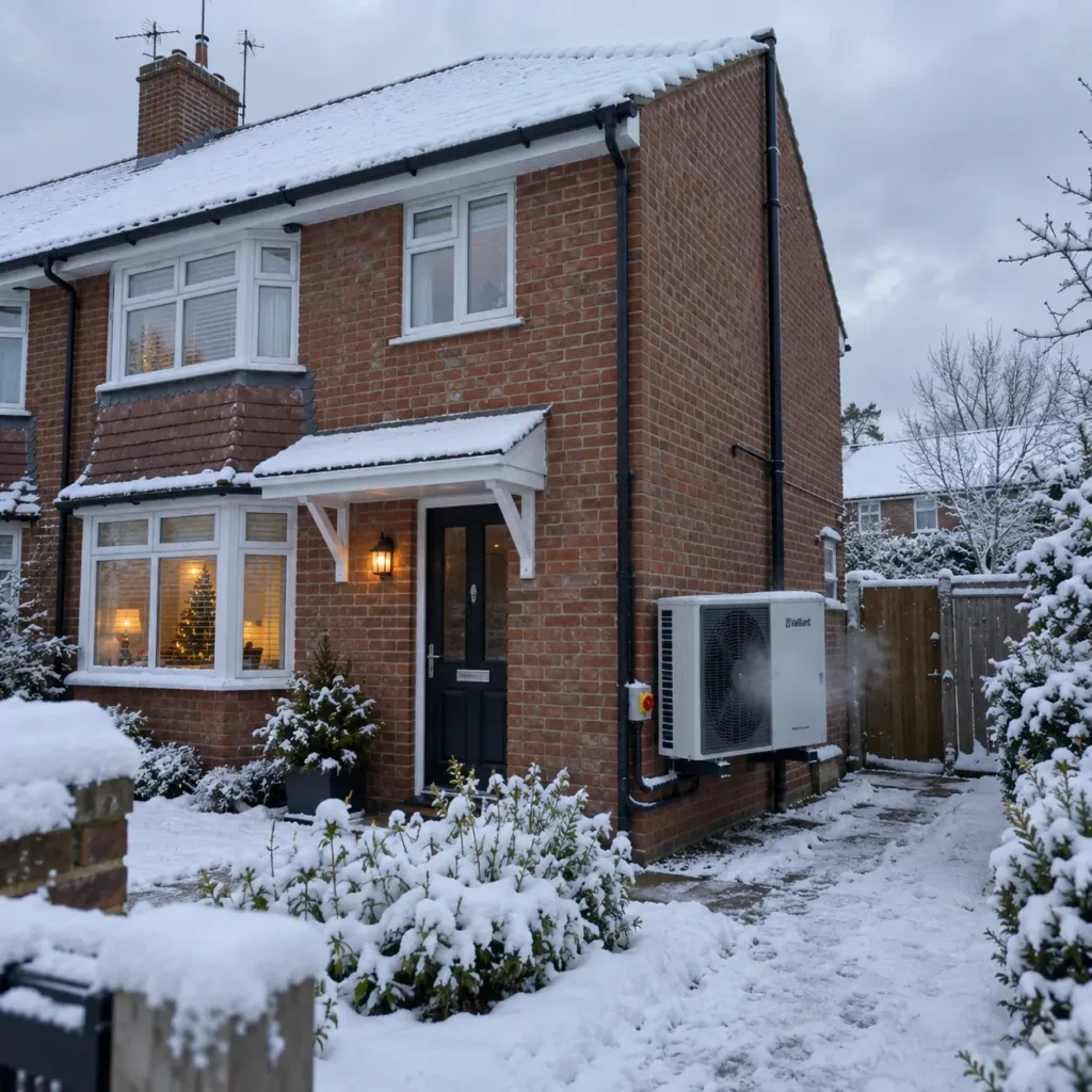 Air source heat pump covered in snow