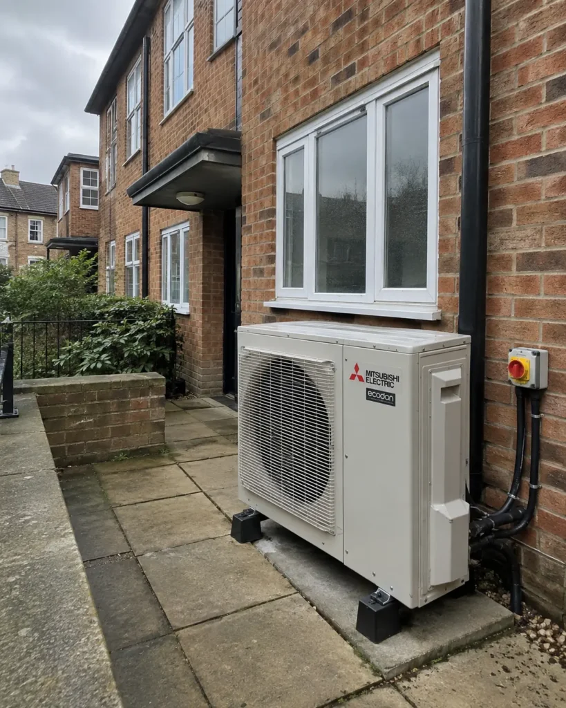 Air source heat pump installed in ground floor flat