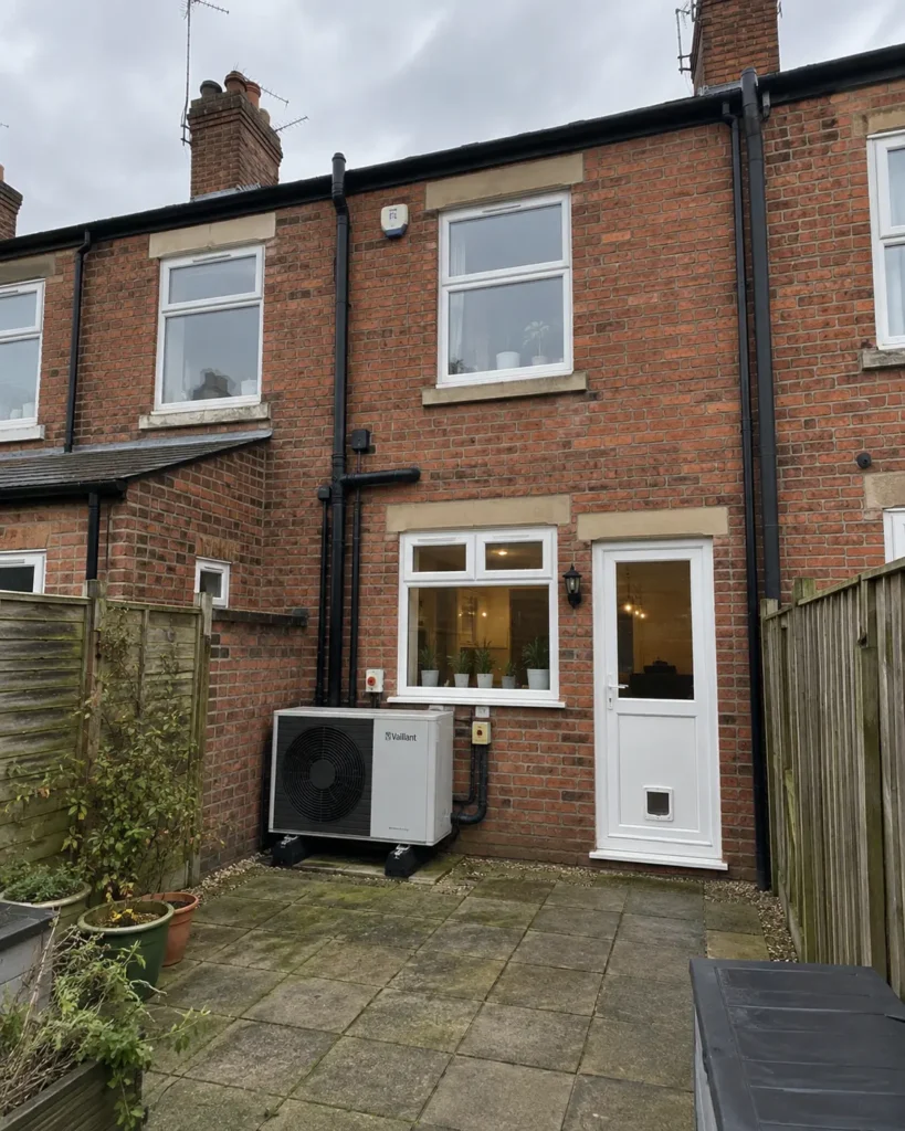 Air source heat pump installed next to Mid terrace house in the United Kingdom