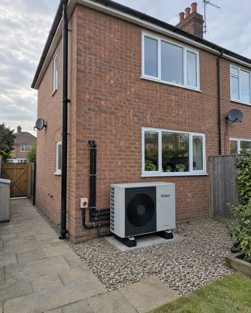 Air source heat pump installed next to Semi detached house in the United Kingdom