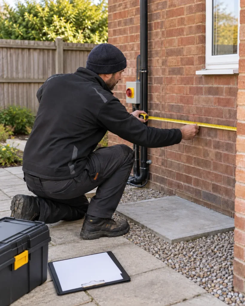 Air source heat pump installer checking space to install heat pump