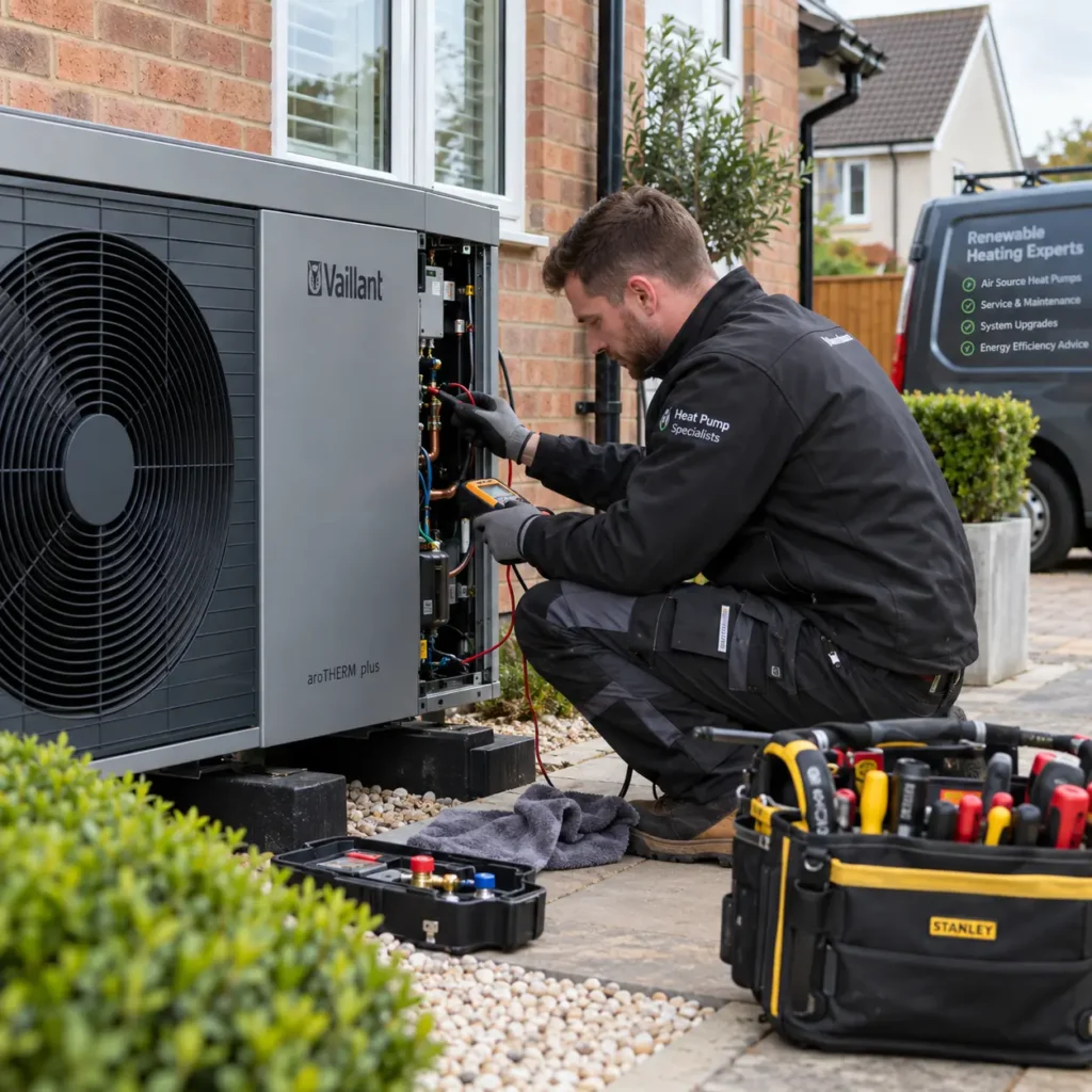 Engineer carrying out annual air source heat pump servicing at a UK home