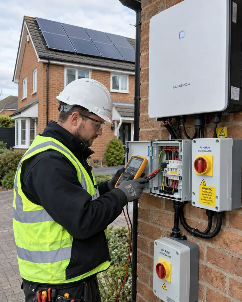 Solar PV installer carrying out commissioning tests on a UK home