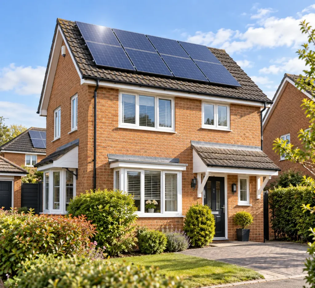 Solar panels generating electricity on a UK house roof