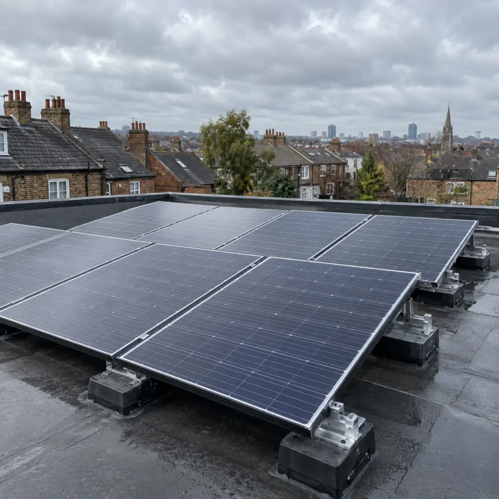 Solar panels installed on flat roof in UK
