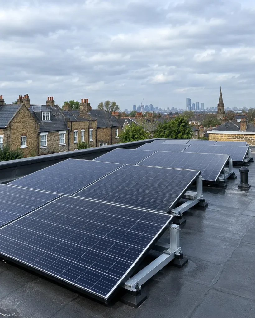 Solar panels installed on the flat roof in the UK