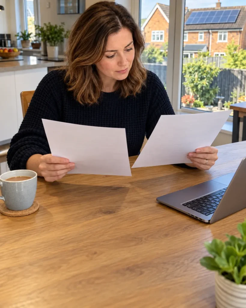 Homeowner comparing three solar panel installation quotes in the UK