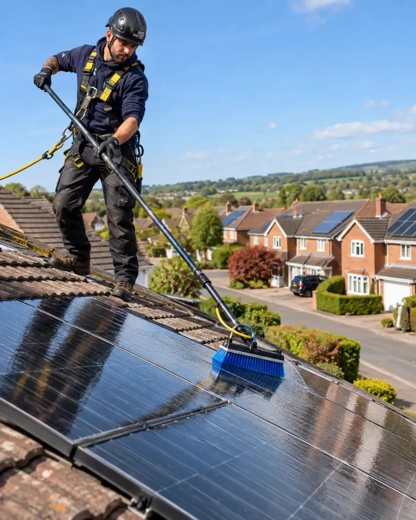 Professional Solar Panel Cleaning on a Rooftop